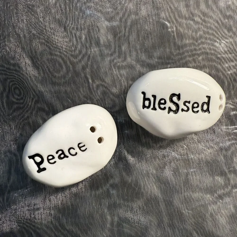 PS Peace Blessed Mini Salt & Pepper Shakers Religious Themed Minimalist White 2”